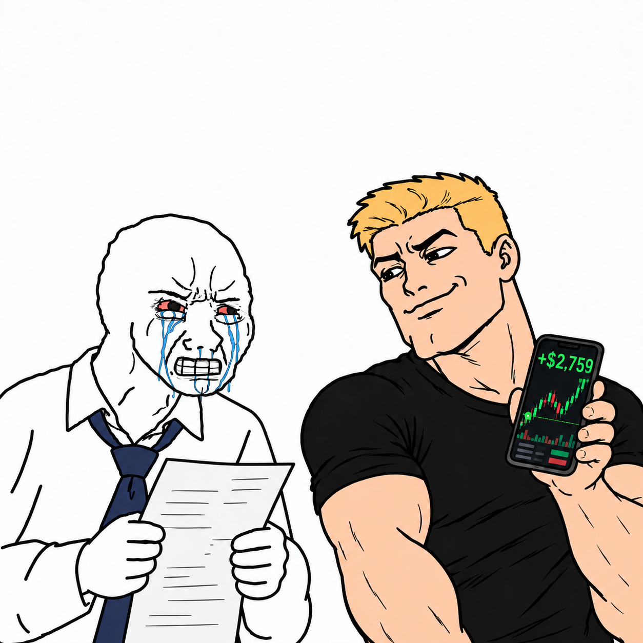 A crying office Wojak holds paperwork while Trader Chad shows a profitable trade on his phone